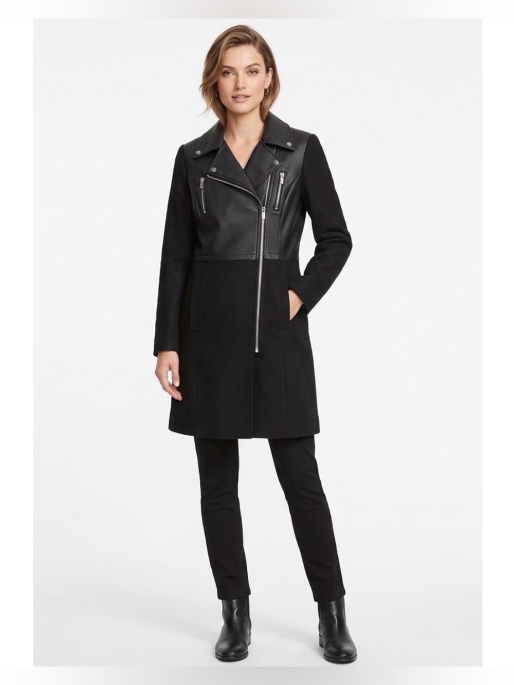 Express NEW! Black Wool Blend Faux Leather Moto Longline Jacket Coat Small